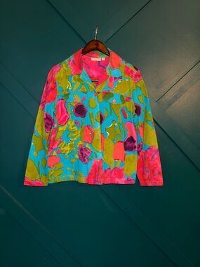 Choices Bold Abstract Jean Jacket in Pink, Blue, and Green
